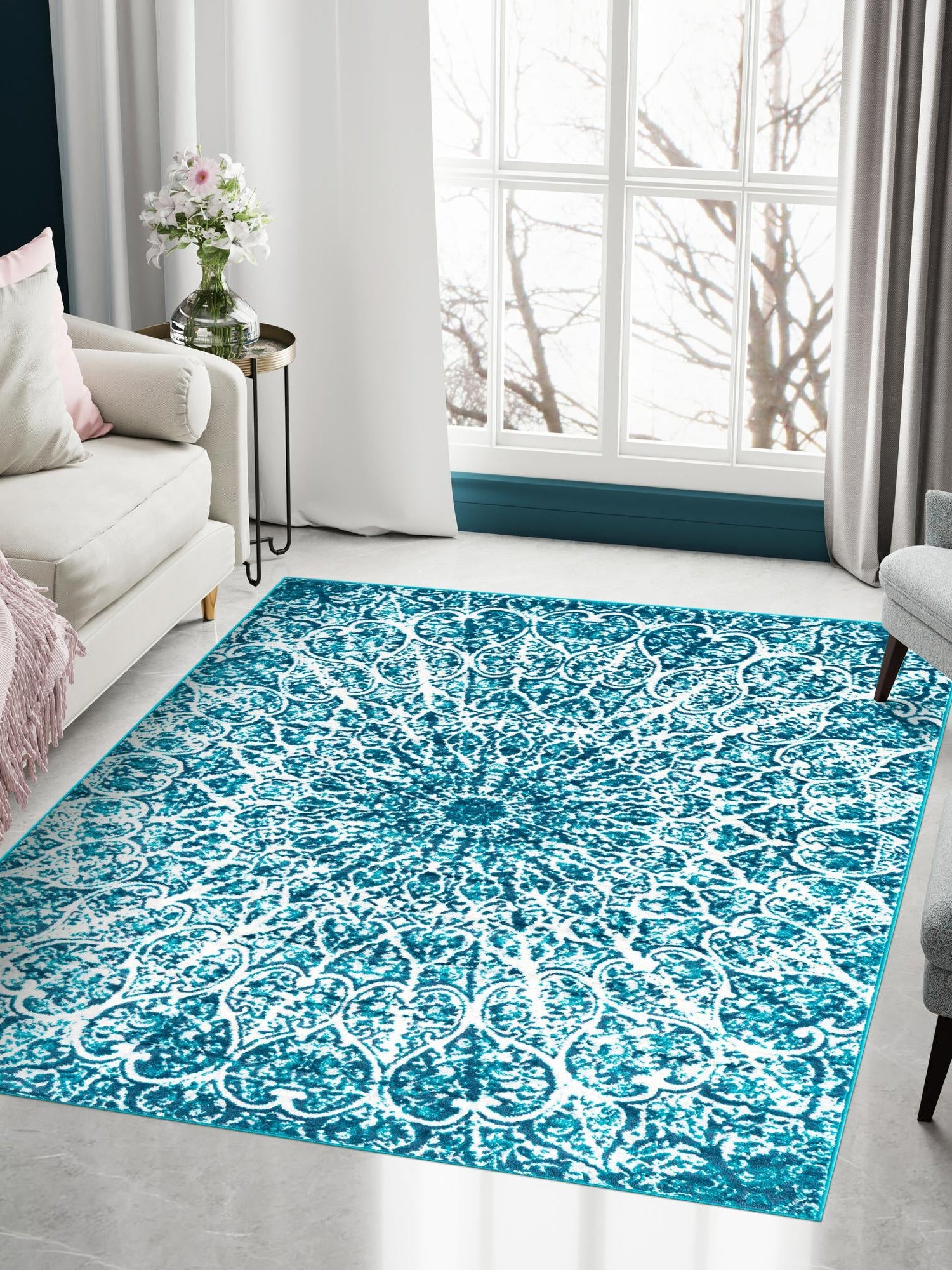 Turquoise 7' 10 x 11' Sofia Rectangle Area Rug Durable Easy Clean Stain Resistant Unique Carpet for Affordable Interior Home Design for Sale at Rug Engine