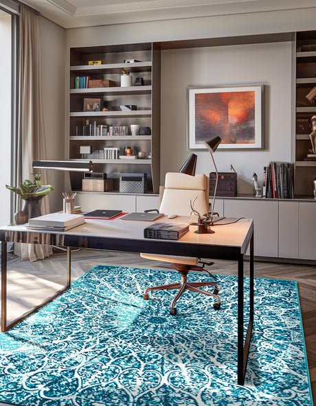 Turquoise 7' 10 x 10' Sofia Rectangle Area Rug Durable Easy Clean Stain Resistant Unique Carpet for Affordable Interior Home Design for Sale at Rug Engine