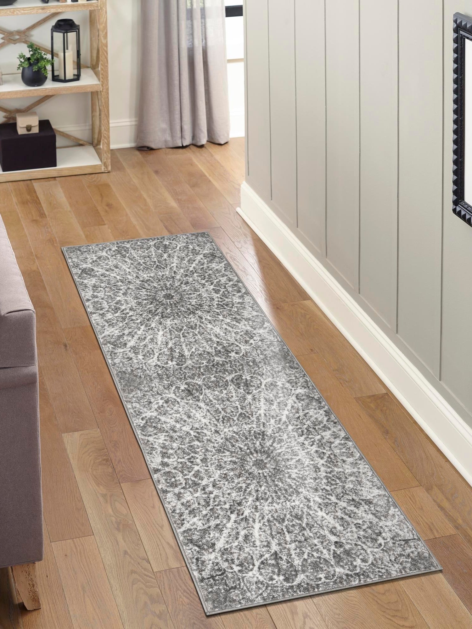 Dark Gray 3' 1 x 19' 8 Sofia Runner Area Rug Durable Easy Clean Stain Resistant Unique Carpet for Affordable Interior Home Design for Sale at Rug Engine