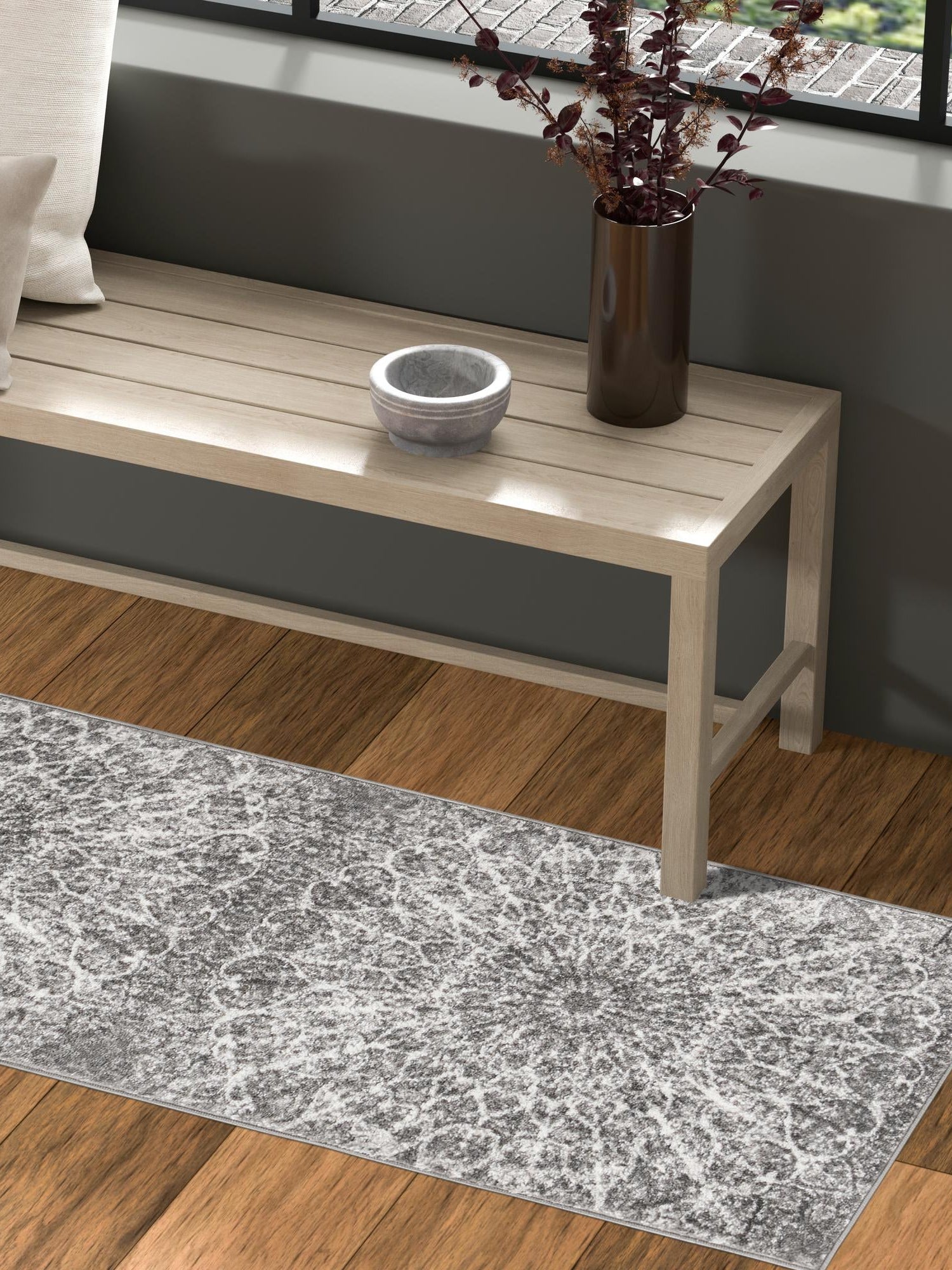 Dark Gray 3' 1 x 19' 8 Sofia Runner Area Rug Durable Easy Clean Stain Resistant Unique Carpet for Affordable Interior Home Design for Sale at Rug Engine