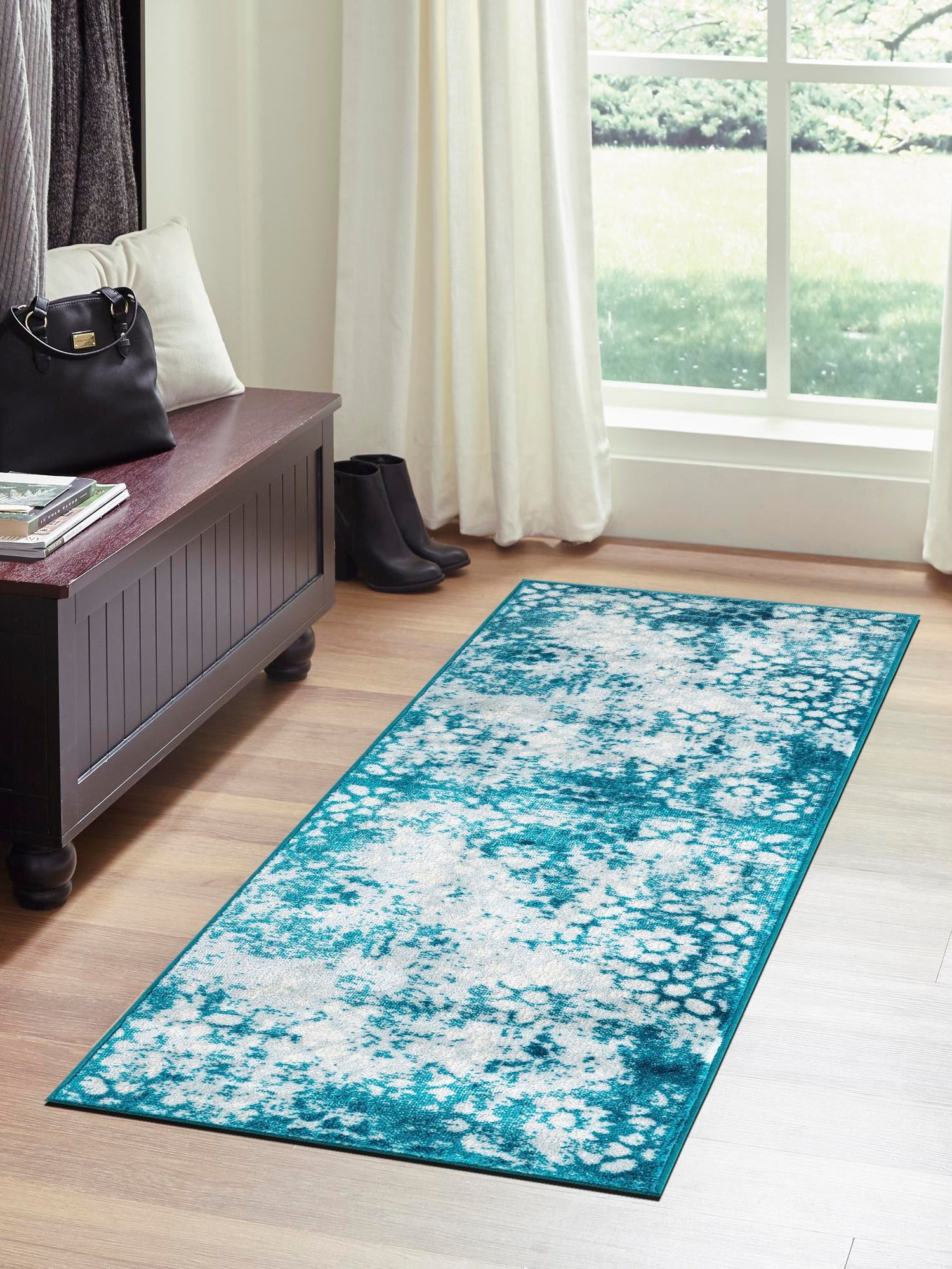 Turquoise 2' x 13' Sofia Runner Area Rug Durable Easy Clean Stain Resistant Unique Carpet for Affordable Interior Home Design for Sale at Rug Engine
