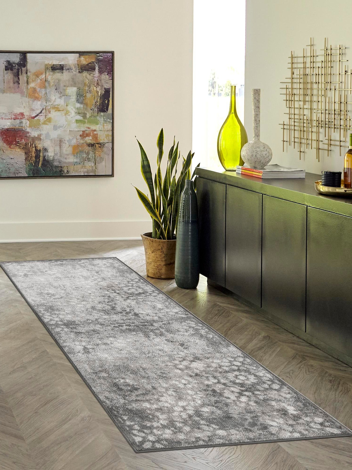 Dark Gray 3' 3 x 16' 5 Sofia Runner Area Rug Durable Easy Clean Stain Resistant Unique Carpet for Affordable Interior Home Design for Sale at Rug Engine