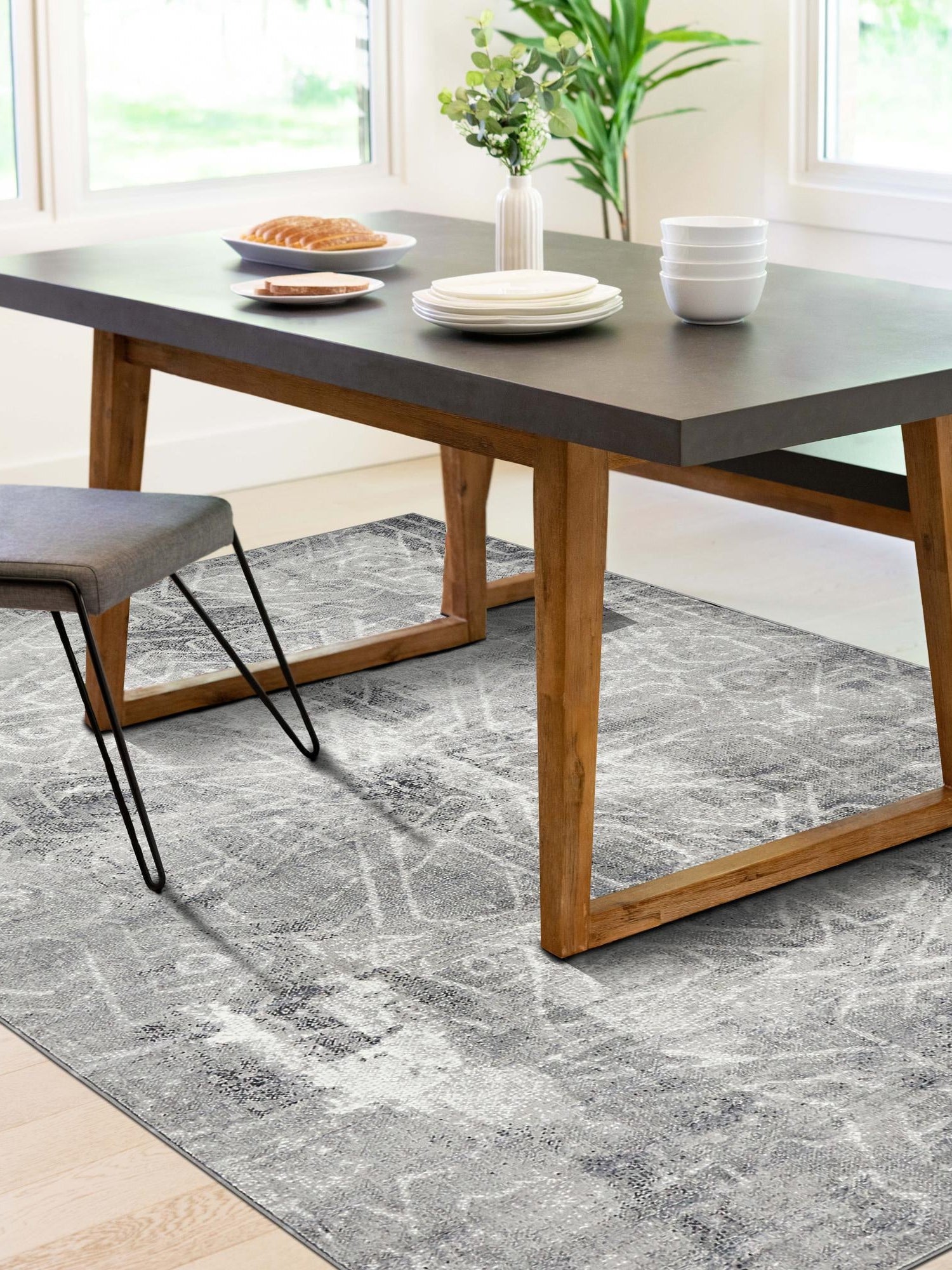 Dark Gray 4' 1 x 6' 1 Sofia Rectangle Area Rug Durable Easy Clean Stain Resistant Unique Carpet for Affordable Interior Home Design for Sale at Rug Engine