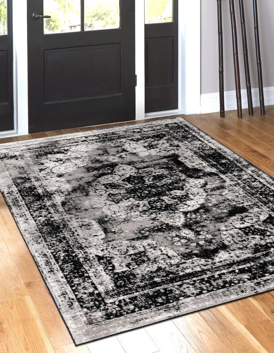 Black 6' 1 x 9' Sofia Rectangle Area Rug Durable Easy Clean Stain Resistant Unique Carpet for Affordable Interior Home Design for Sale at Rug Engine