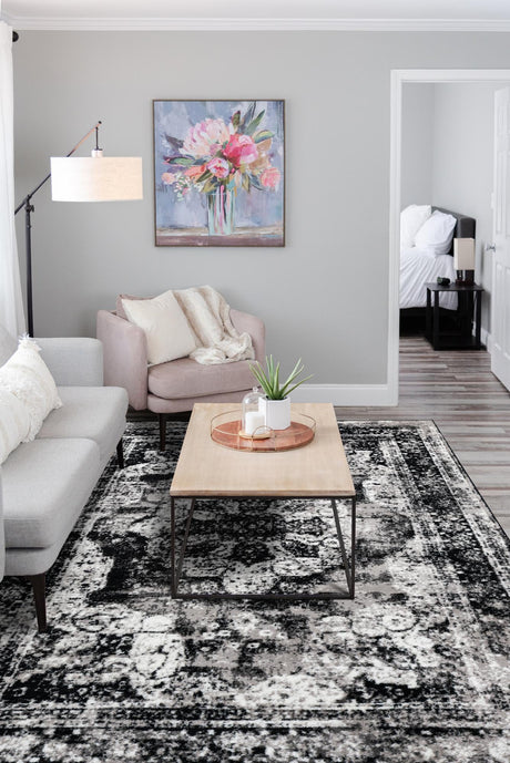 Black 6' 1 x 9' Sofia Rectangle Area Rug Durable Easy Clean Stain Resistant Unique Carpet for Affordable Interior Home Design for Sale at Rug Engine