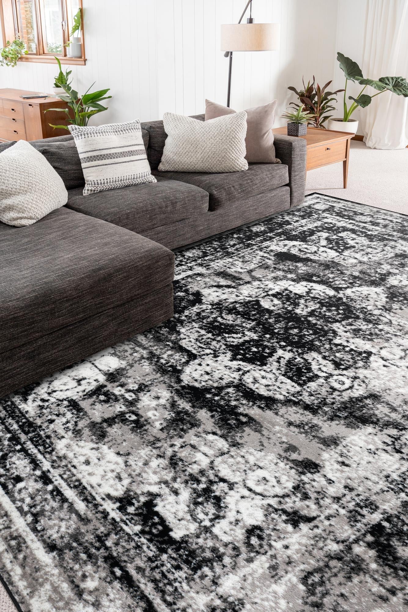 Black 9' x 12' Sofia Rectangle Area Rug Durable Easy Clean Stain Resistant Unique Carpet for Affordable Interior Home Design for Sale at Rug Engine