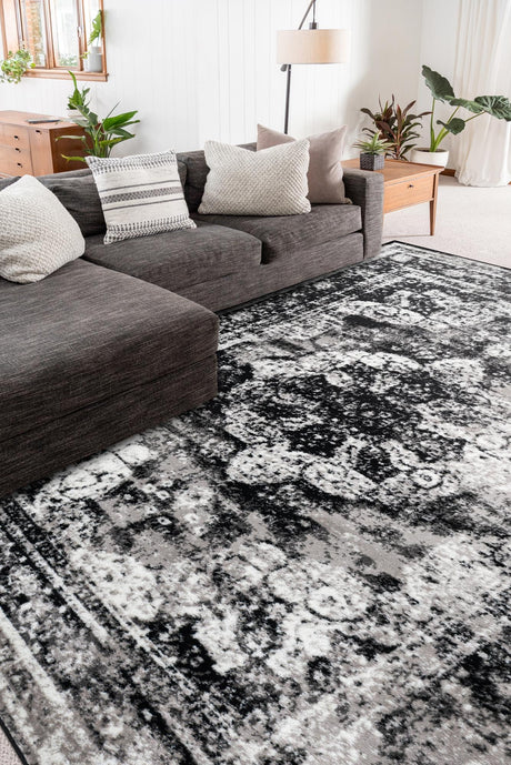 Black 4' 1 x 6' 1 Sofia Rectangle Area Rug Durable Easy Clean Stain Resistant Unique Carpet for Affordable Interior Home Design for Sale at Rug Engine