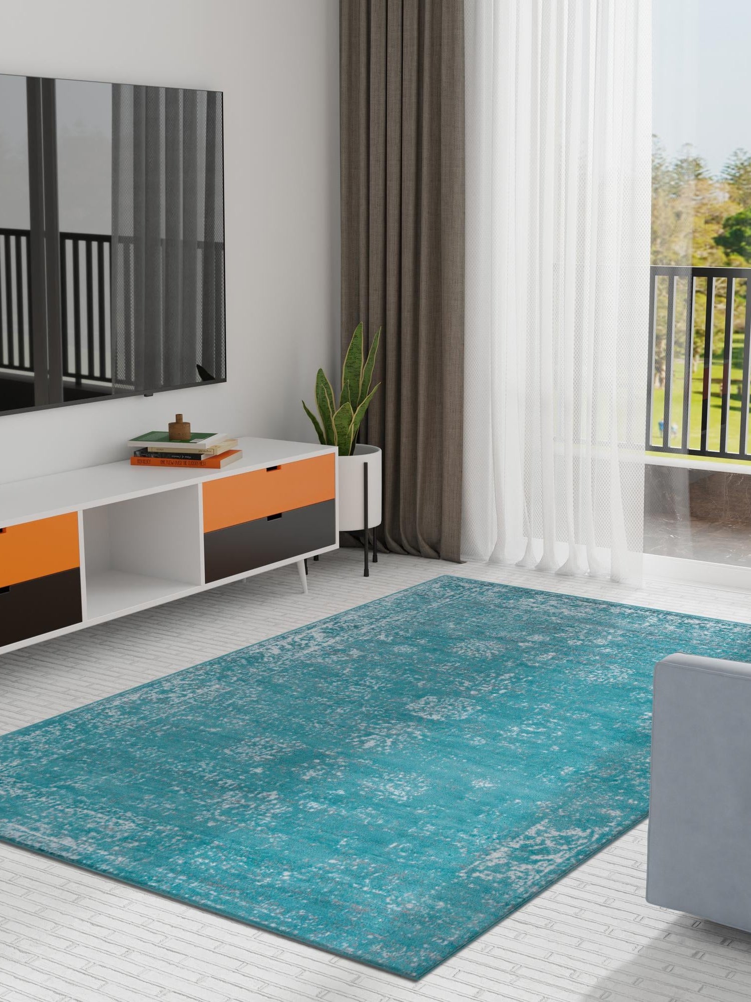 Turquoise 7' 1 x 10' Sofia Rectangle Area Rug Durable Easy Clean Stain Resistant Unique Carpet for Affordable Interior Home Design for Sale at Rug Engine