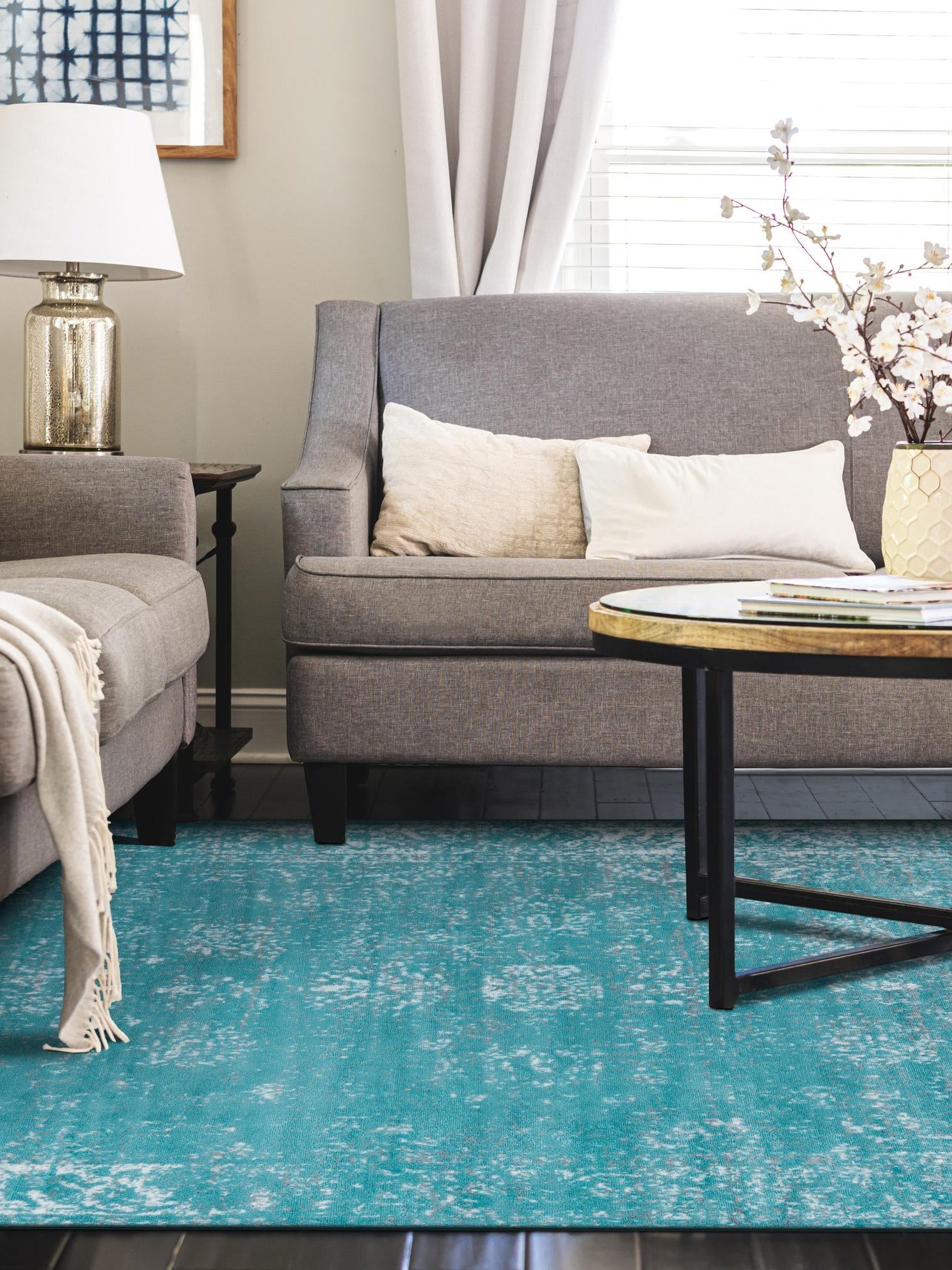 Turquoise 5' 3 x 8' Sofia Rectangle Area Rug Durable Easy Clean Stain Resistant Unique Carpet for Affordable Interior Home Design for Sale at Rug Engine