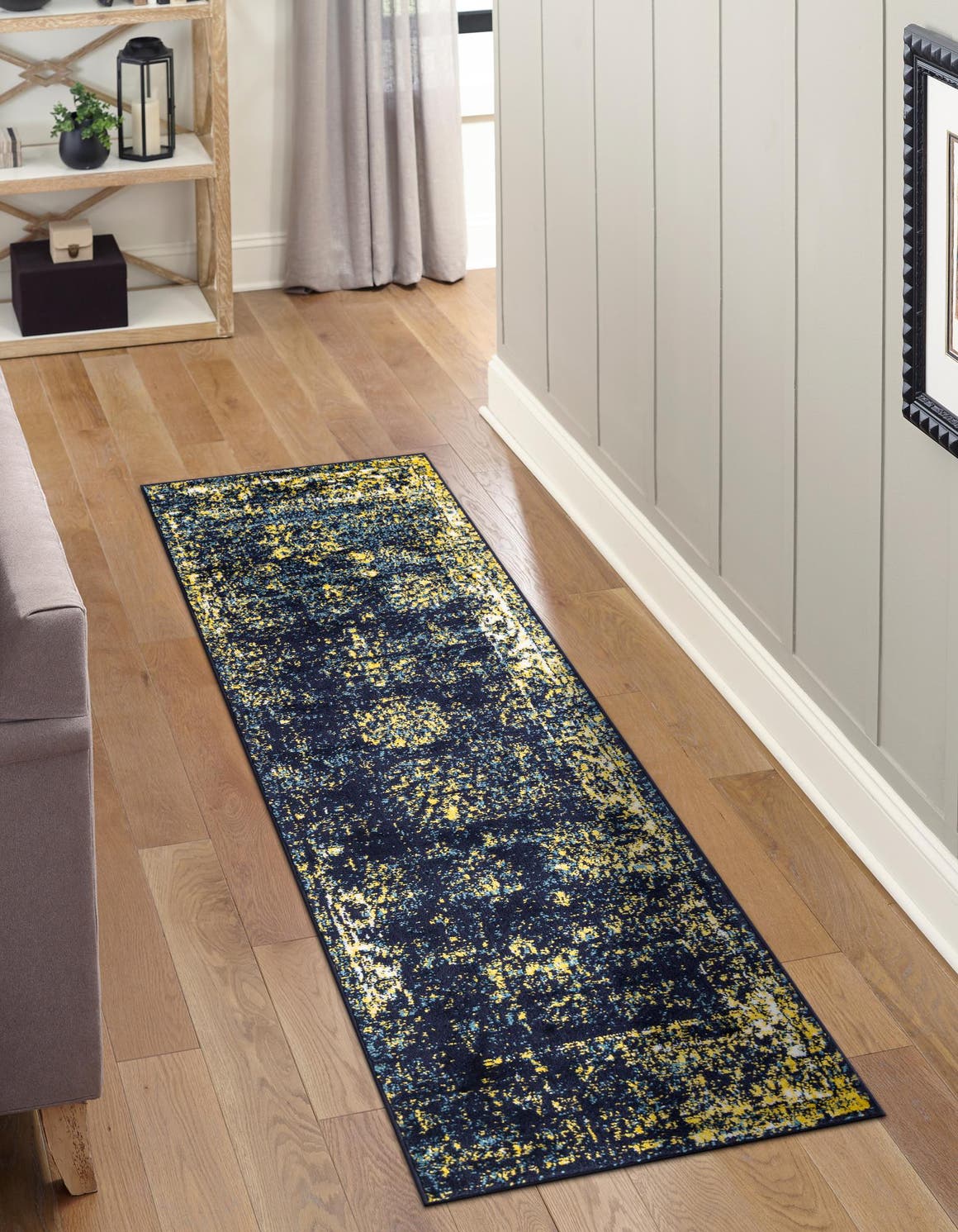 Navy Blue 3' 3 x 19' 8 Sofia Runner Area Rug Durable Easy Clean Stain Resistant Unique Carpet for Affordable Interior Home Design for Sale at Rug Engine