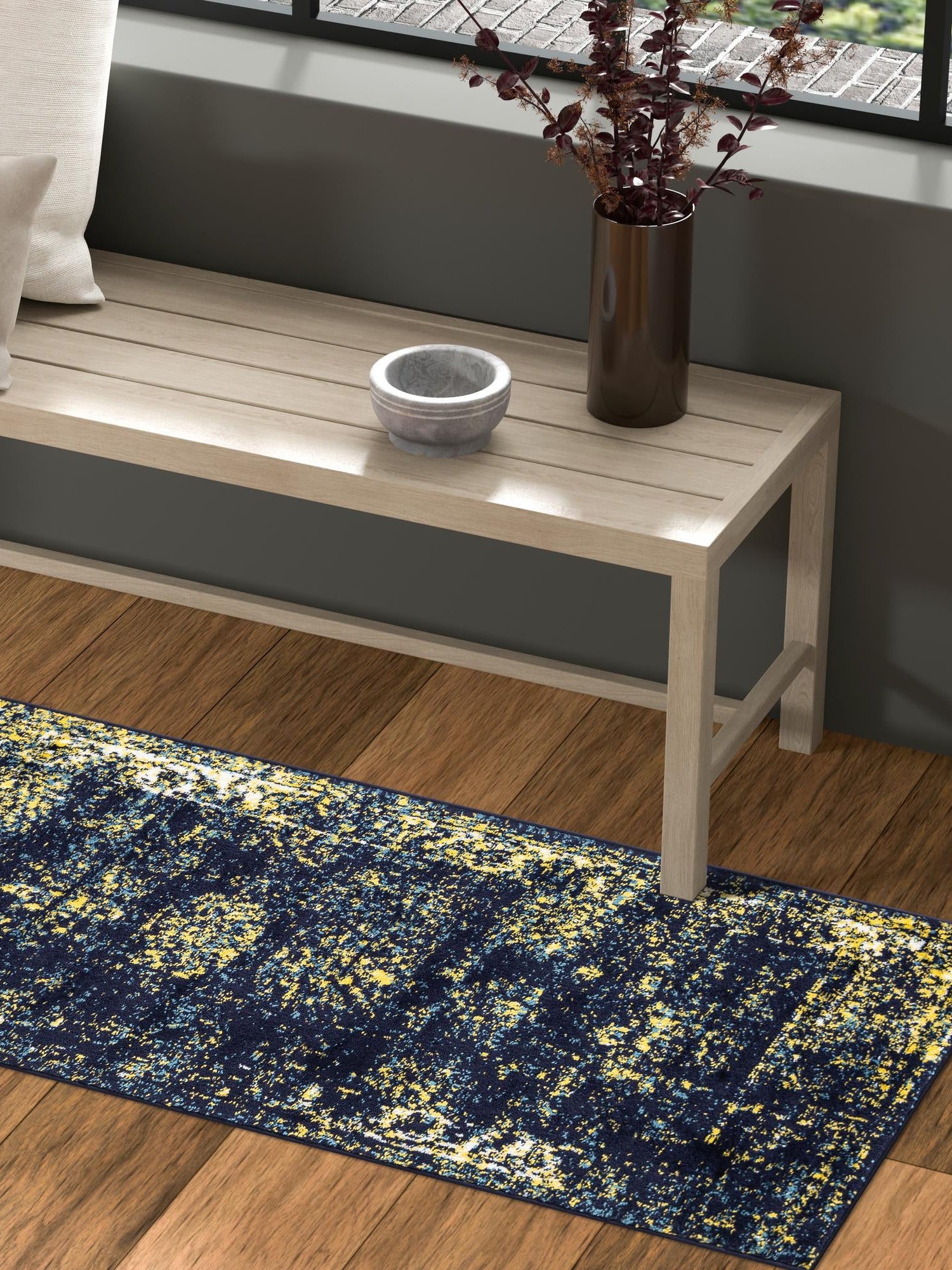Navy Blue 3' 3 x 16' 5 Sofia Runner Area Rug Durable Easy Clean Stain Resistant Unique Carpet for Affordable Interior Home Design for Sale at Rug Engine