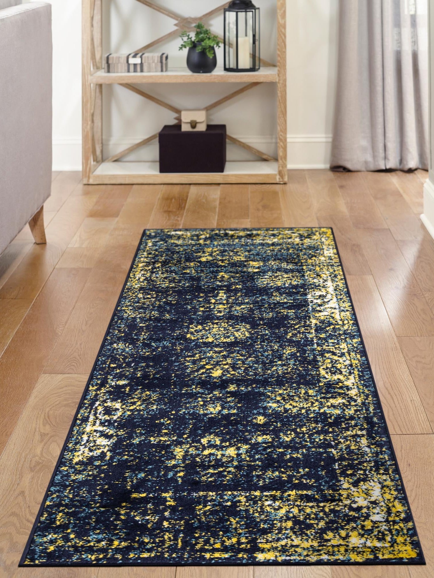 Navy Blue 3' 3 x 19' 8 Sofia Runner Area Rug Durable Easy Clean Stain Resistant Unique Carpet for Affordable Interior Home Design for Sale at Rug Engine