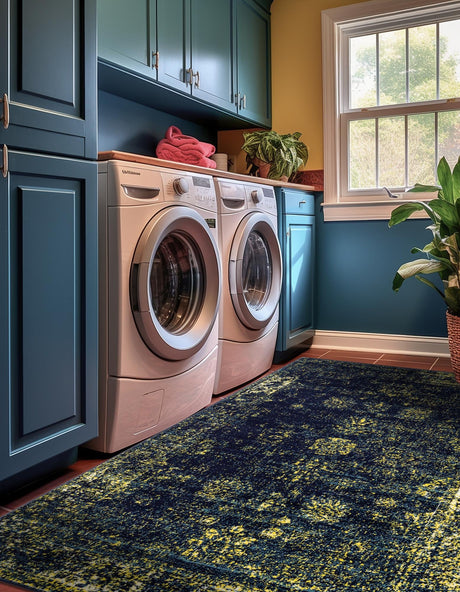 Navy Blue 7' 1 x 10' Sofia Rectangle Area Rug Durable Easy Clean Stain Resistant Unique Carpet for Affordable Interior Home Design for Sale at Rug Engine