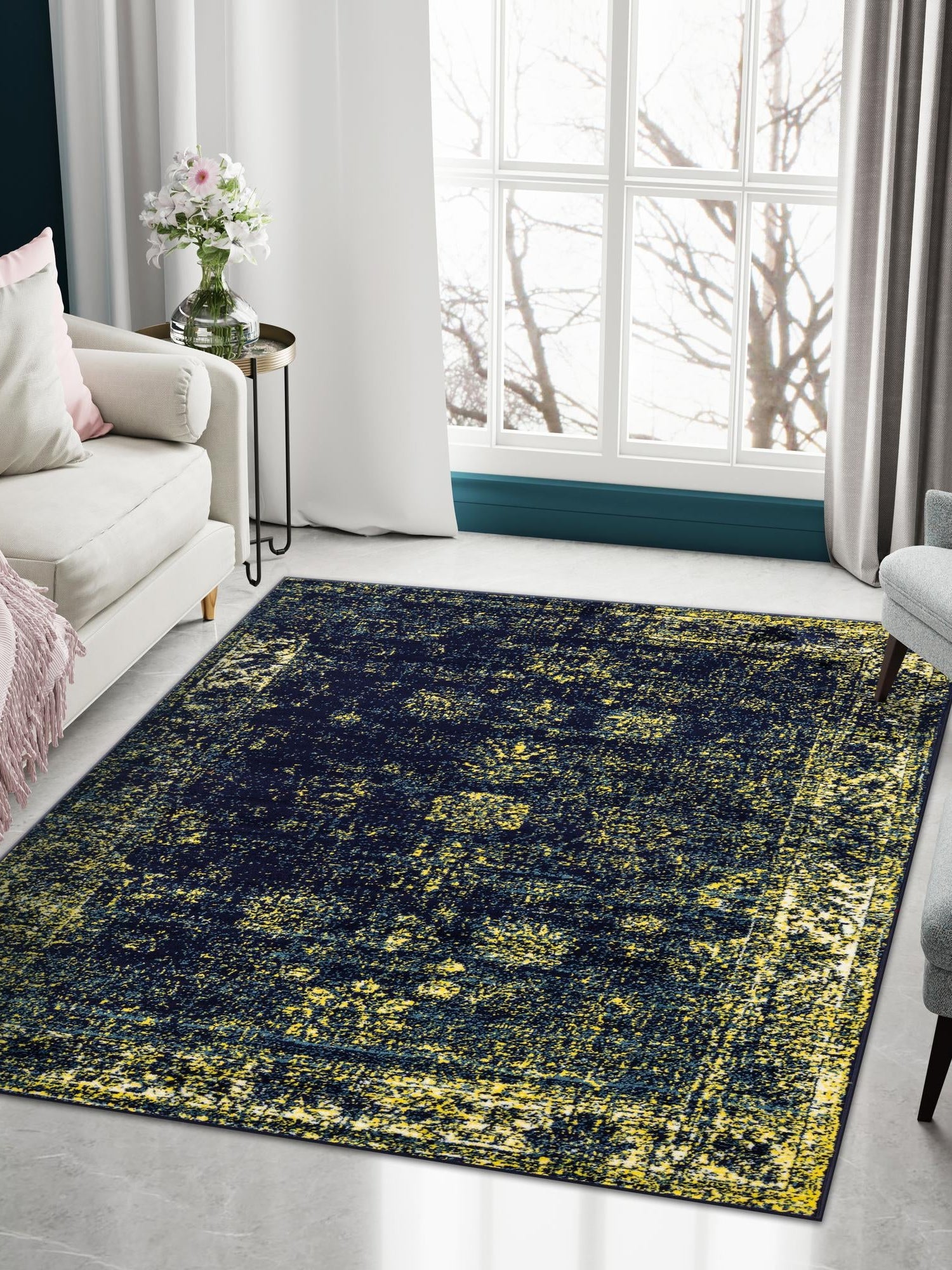 Navy Blue 6' 1 x 9' Sofia Rectangle Area Rug Durable Easy Clean Stain Resistant Unique Carpet for Affordable Interior Home Design for Sale at Rug Engine