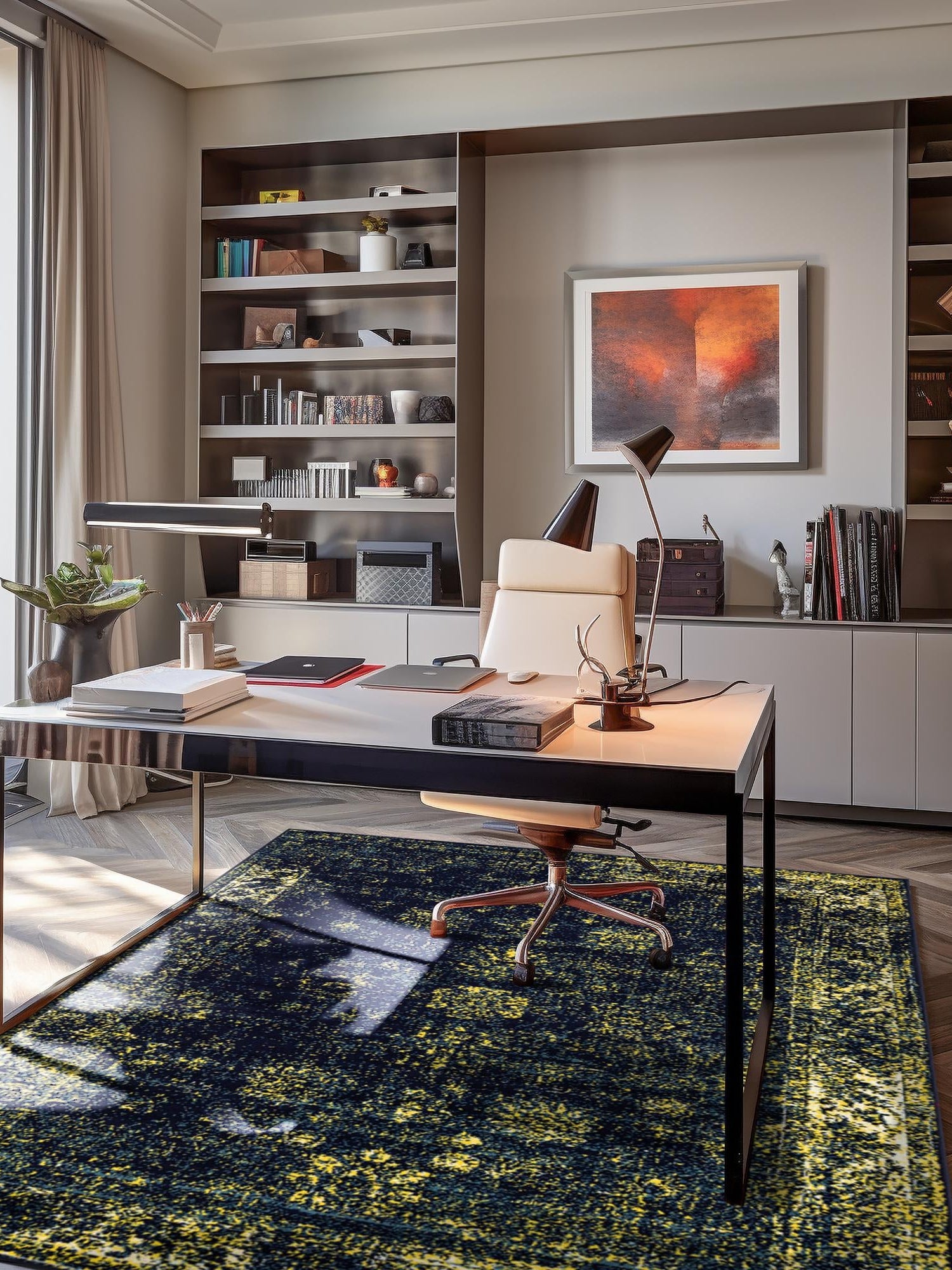 Navy Blue 7' 1 x 10' Sofia Rectangle Area Rug Durable Easy Clean Stain Resistant Unique Carpet for Affordable Interior Home Design for Sale at Rug Engine