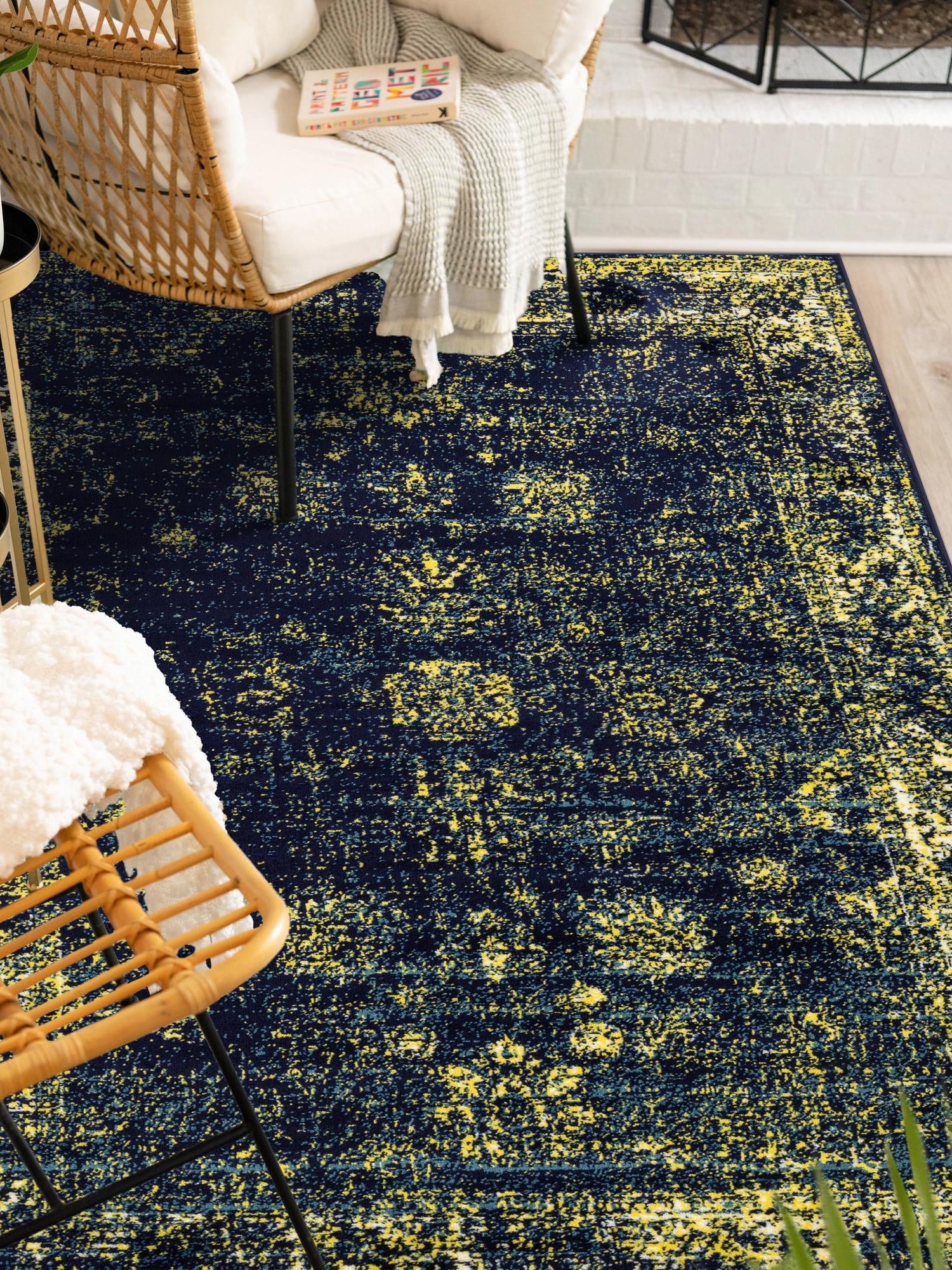 Navy Blue 4' 1 x 6' 1 Sofia Rectangle Area Rug Durable Easy Clean Stain Resistant Unique Carpet for Affordable Interior Home Design for Sale at Rug Engine