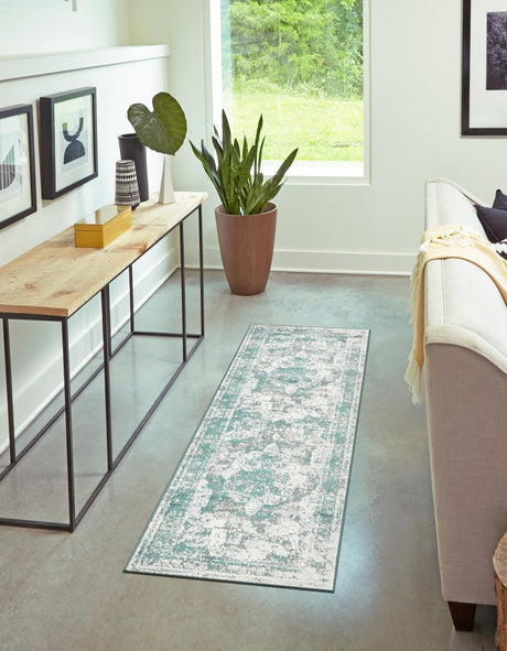 Turquoise 3' 3 x 19' 8 Sofia Runner Area Rug Durable Easy Clean Stain Resistant Unique Carpet for Affordable Interior Home Design for Sale at Rug Engine
