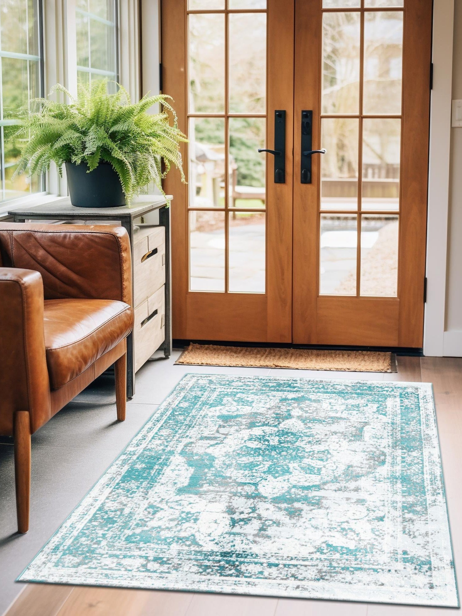 Turquoise 3' 1 x 5' 3 Sofia Rectangle Area Rug Durable Easy Clean Stain Resistant Unique Carpet for Affordable Interior Home Design for Sale at Rug Engine