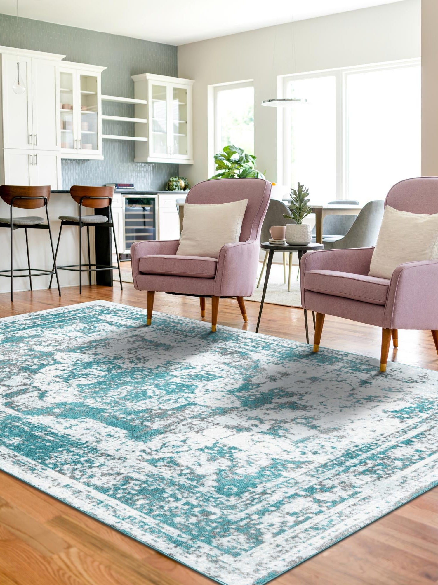 Turquoise 7' 1 x 10' Sofia Rectangle Area Rug Durable Easy Clean Stain Resistant Unique Carpet for Affordable Interior Home Design for Sale at Rug Engine