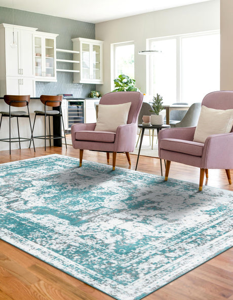 Turquoise 6' 1 x 9' Sofia Rectangle Area Rug Durable Easy Clean Stain Resistant Unique Carpet for Affordable Interior Home Design for Sale at Rug Engine