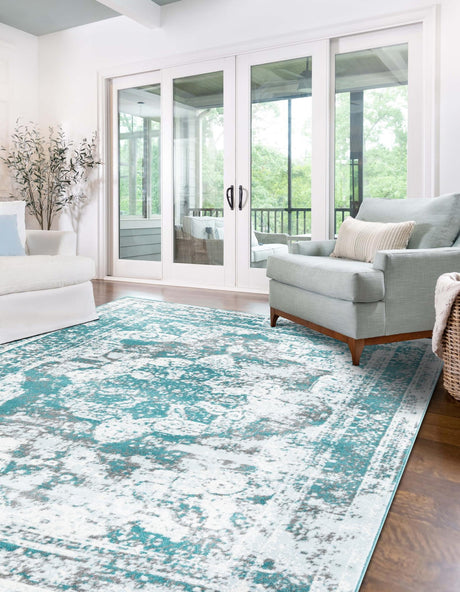 Turquoise 6' 1 x 9' Sofia Rectangle Area Rug Durable Easy Clean Stain Resistant Unique Carpet for Affordable Interior Home Design for Sale at Rug Engine
