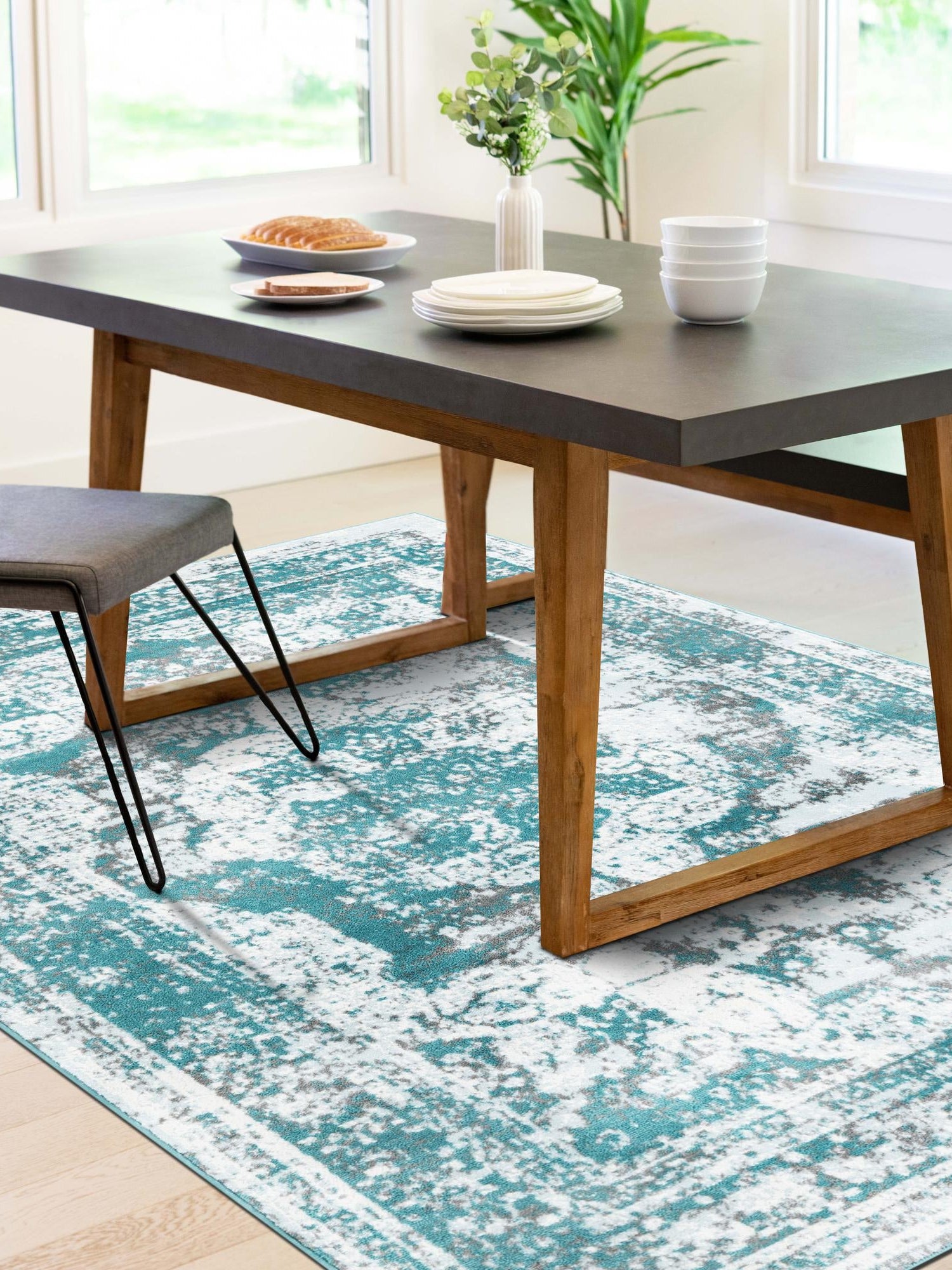 Turquoise 4' 1 x 6' 1 Sofia Rectangle Area Rug Durable Easy Clean Stain Resistant Unique Carpet for Affordable Interior Home Design for Sale at Rug Engine
