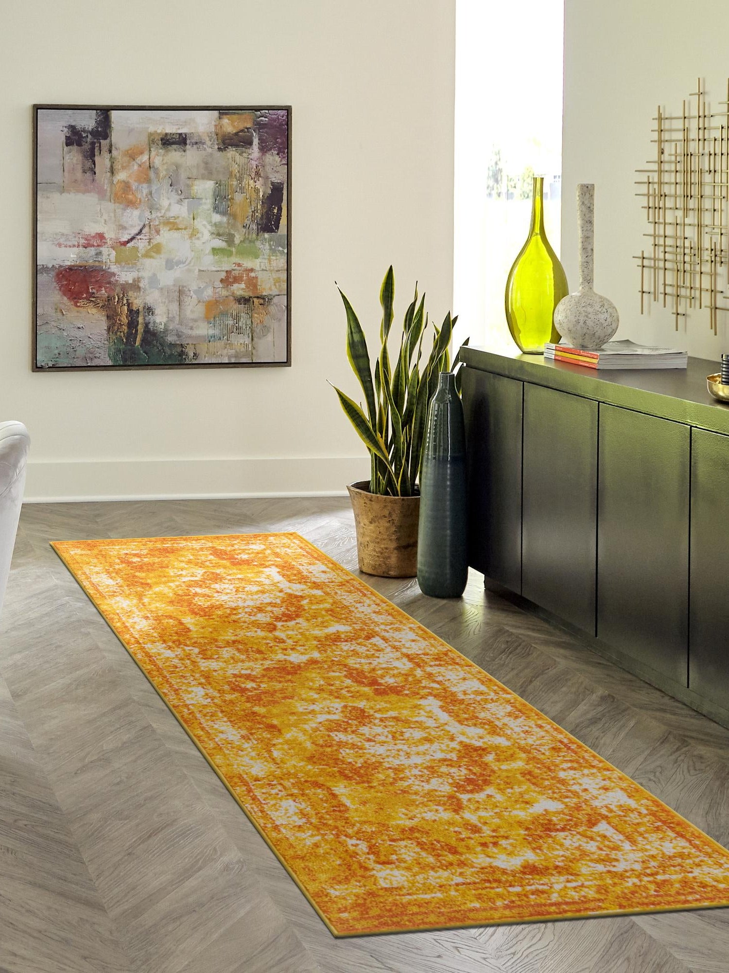 Orange 3' 3 x 19' 8 Sofia Runner Area Rug Durable Easy Clean Stain Resistant Unique Carpet for Affordable Interior Home Design for Sale at Rug Engine