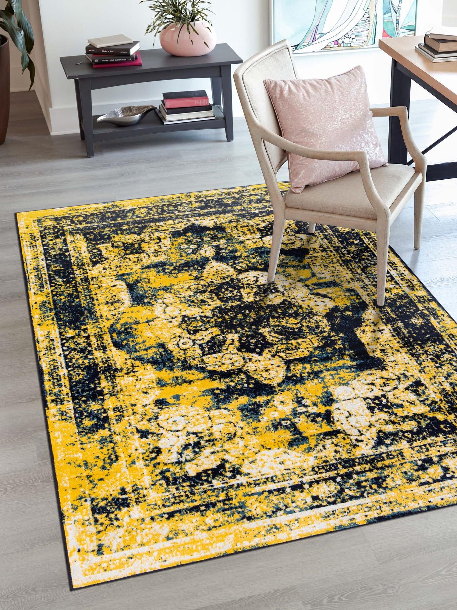 Navy Blue 4' 1 x 6' 1 Sofia Rectangle Area Rug Durable Easy Clean Stain Resistant Unique Carpet for Affordable Interior Home Design for Sale at Rug Engine