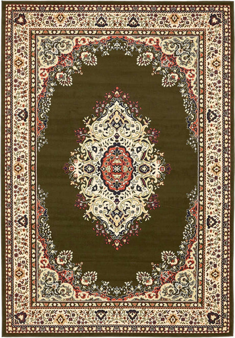 Green 6' 1 x 9' Reza Rectangle Area Rug 100% Polypropylene Easy Clean Traditional Motif Classic Carpet for Home Interiors for Sale at Rug Engine
