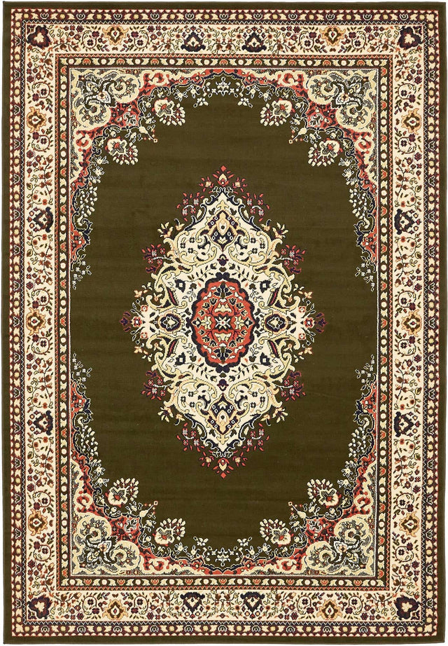 Green 6' 1 x 9' Reza Rectangle Area Rug 100% Polypropylene Easy Clean Traditional Motif Classic Carpet for Home Interiors for Sale at Rug Engine