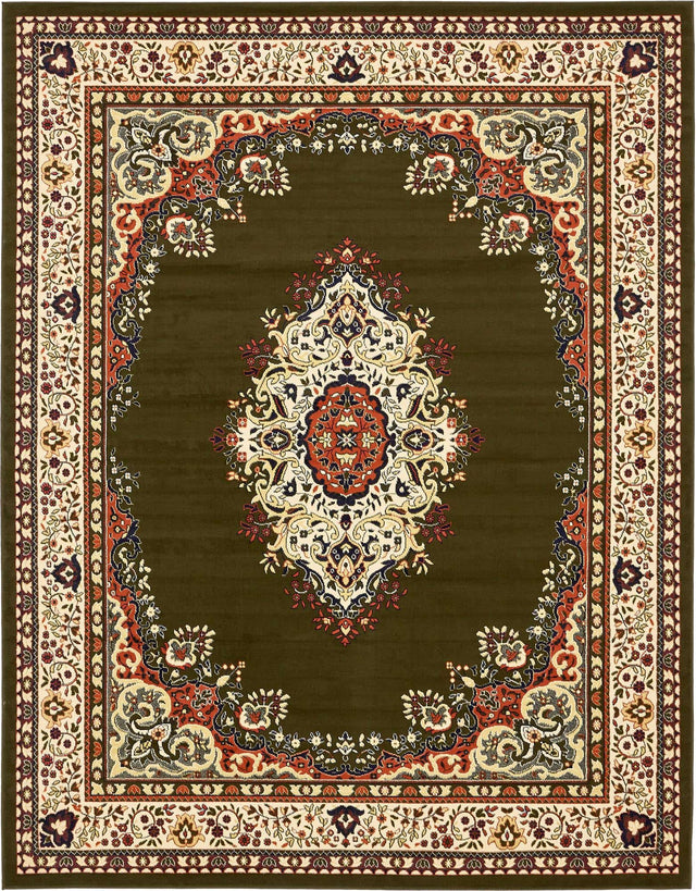 Green 9' x 12' Reza Rectangle Area Rug 100% Polypropylene Easy Clean Traditional Motif Classic Carpet for Home Interiors for Sale at Rug Engine