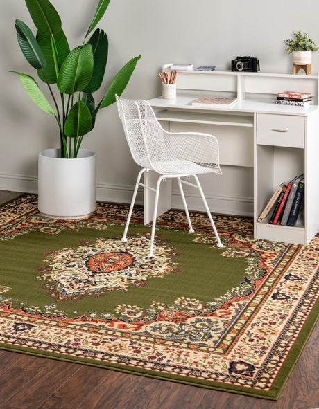 Green 7' 10 x 7' 10 Reza Square Area Rug 100% Polypropylene Easy Clean Traditional Motif Classic Carpet for Home Interiors for Sale at Rug Engine
