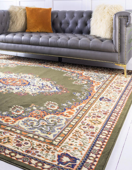 Green 7' 10 x 7' 10 Reza Square Area Rug 100% Polypropylene Easy Clean Traditional Motif Classic Carpet for Home Interiors for Sale at Rug Engine