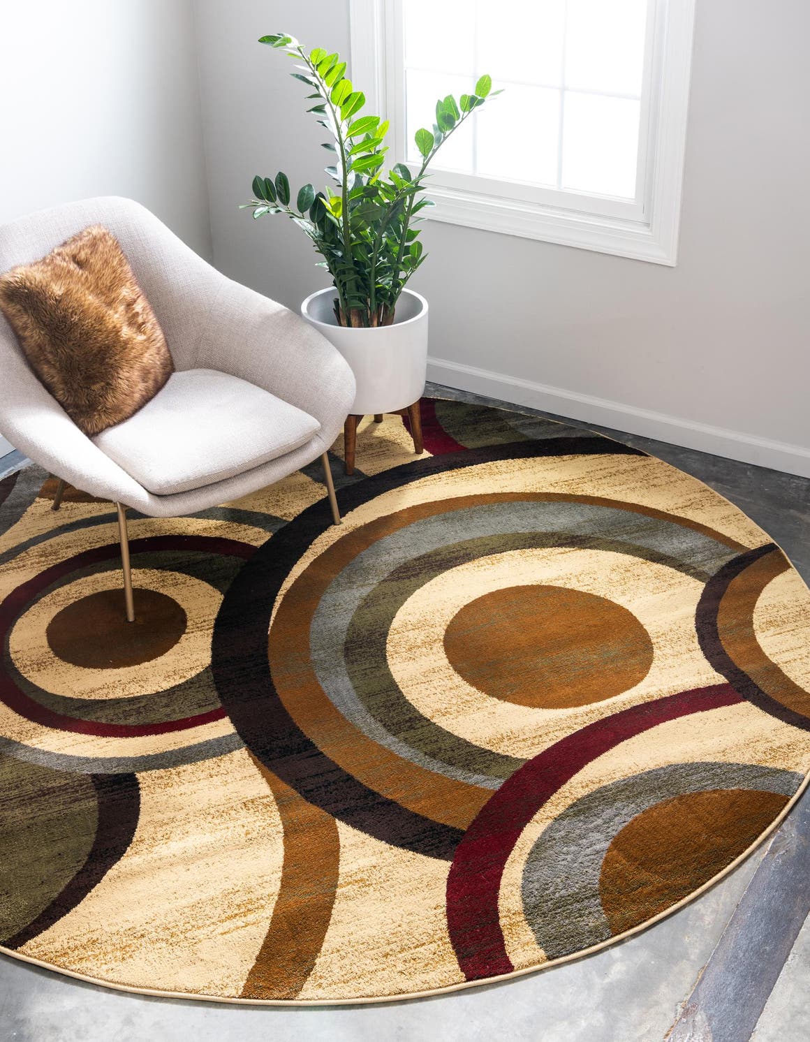 Beige 7' 10 x 7' 10 Barista Round Area Rug 100% Polypropylene Abstract Modern Geometric Carpet for Living Room Dining Office Dorm Room Decor for Sale at Rug Engine