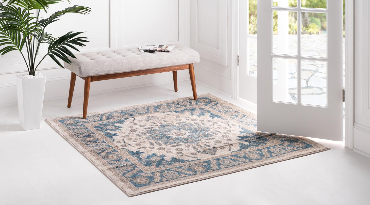 Cream 8' x 8' Salzburg Square Area Rug Stain Resistant Easy Clean Traditional Classic Design Durable Carpet for Affordable Interior Home Decorating for Sale at Rug Engine