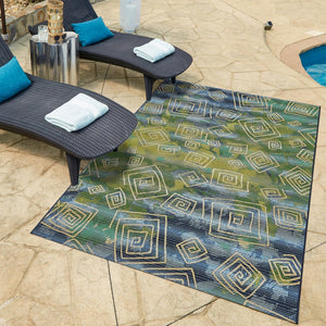Blue 2' 2 x 3' 1 Outdoor Modern Rectangle Area Rug Weather Resistant for Patio, Deck, Terrace, Balcony, Porch 100% Polypropylene Modern Outside Carpet for Sale at Rug Engine