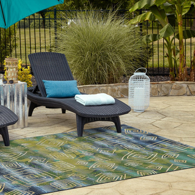 Blue 2' 2 x 3' 1 Outdoor Modern Rectangle Area Rug Weather Resistant for Patio, Deck, Terrace, Balcony, Porch 100% Polypropylene Modern Outside Carpet for Sale at Rug Engine
