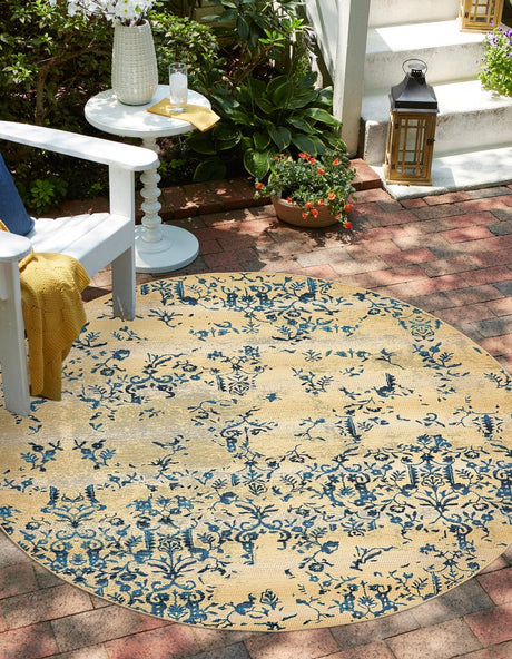 Beige 8' x 8' Outdoor Botanical Round Rug