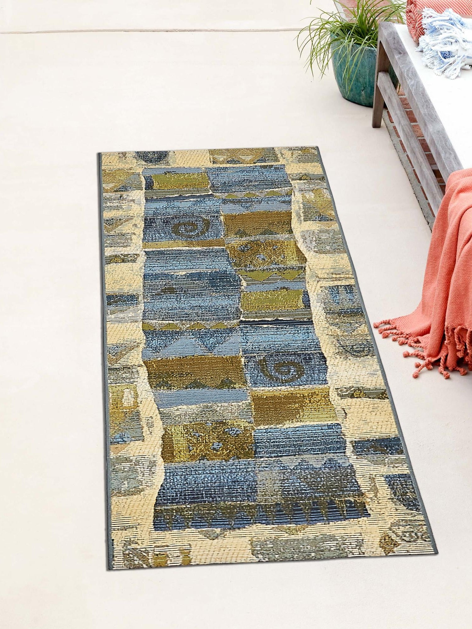 Blue 2' 7 x 5' 3 Outdoor Modern Runner Area Rug Weather Resistant for Patio, Deck, Terrace, Balcony, Porch 100% Polypropylene Modern Outside Carpet for Sale at Rug Engine