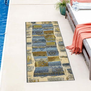 Blue 2' 7 x 5' 3 Outdoor Modern Runner Area Rug Weather Resistant for Patio, Deck, Terrace, Balcony, Porch 100% Polypropylene Modern Outside Carpet for Sale at Rug Engine
