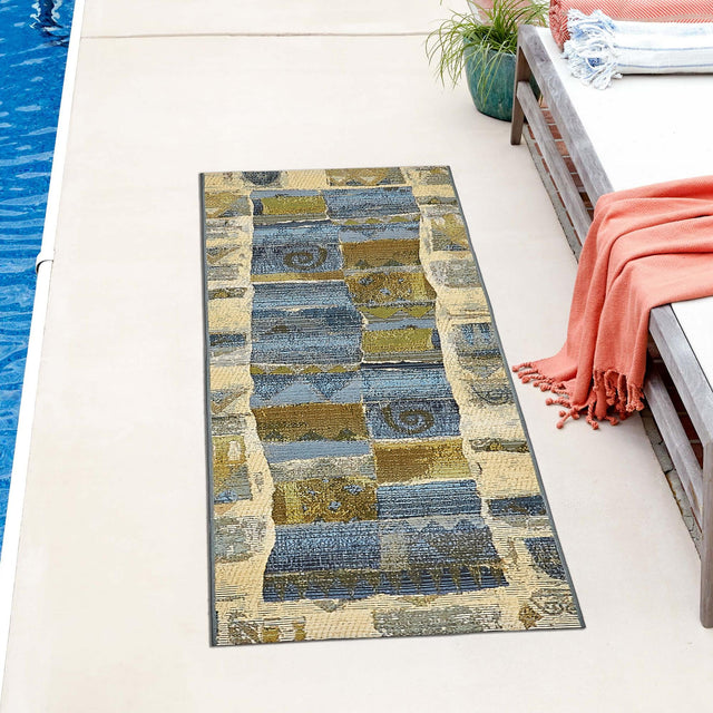 Blue 2' 7 x 5' 3 Outdoor Modern Runner Area Rug Weather Resistant for Patio, Deck, Terrace, Balcony, Porch 100% Polypropylene Modern Outside Carpet for Sale at Rug Engine