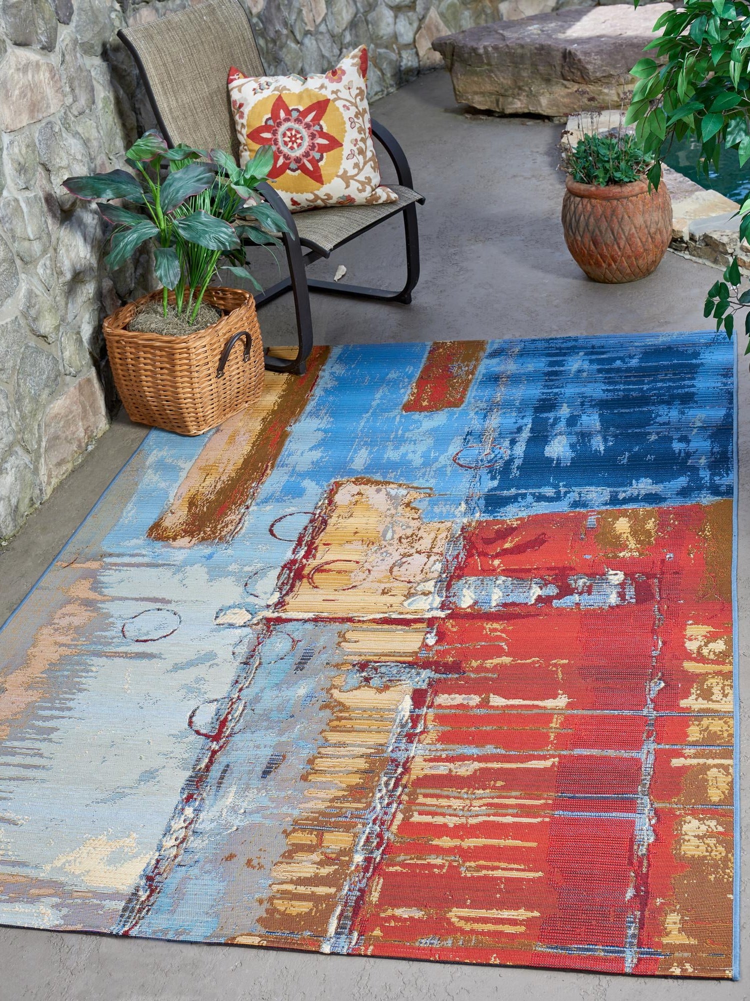Multicolor 8' x 11' 4 Outdoor Modern Rectangle Area Rug Weather Resistant for Patio, Deck, Terrace, Balcony, Porch 100% Polypropylene Modern Outside Carpet for Sale at Rug Engine
