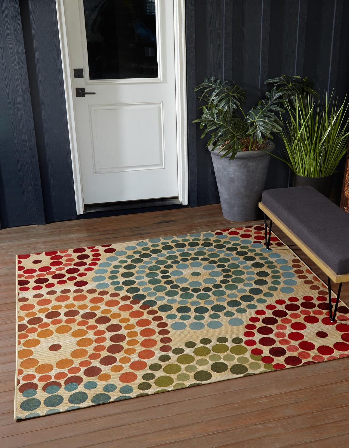 Beige 5' 3 x 5' 3 Outdoor Modern Square Area Rug Weather Resistant for Patio, Deck, Terrace, Balcony, Porch 100% Polypropylene Modern Outside Carpet for Sale at Rug Engine