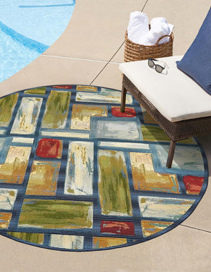Multicolor 2' 7 x 2' 7 Outdoor Modern Round Area Rug Weather Resistant for Patio, Deck, Terrace, Balcony, Porch 100% Polypropylene Modern Outside Carpet for Sale at Rug Engine