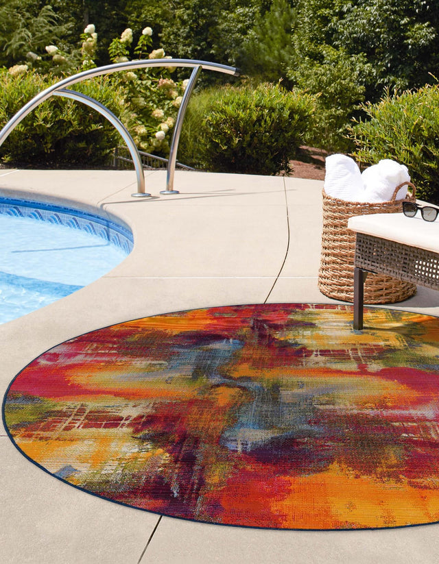 Multicolor 8' x 8' Outdoor Modern Round Area Rug Weather Resistant for Patio, Deck, Terrace, Balcony, Porch