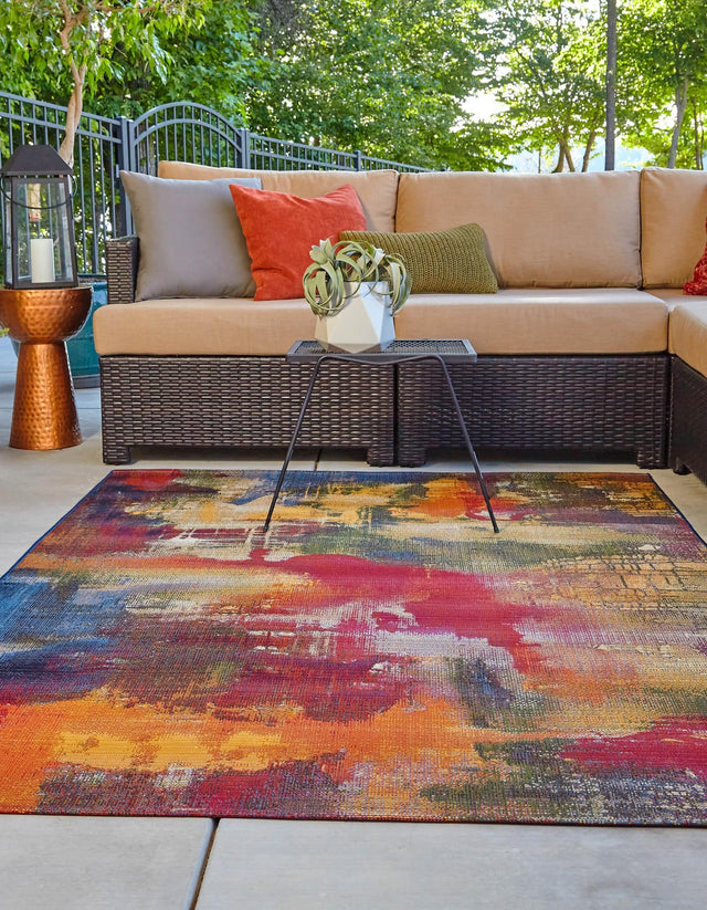 Multicolor 8' x 11' 4 Outdoor Modern Rectangle Area Rug Weather Resistant for Patio, Deck, Terrace, Balcony, Porch