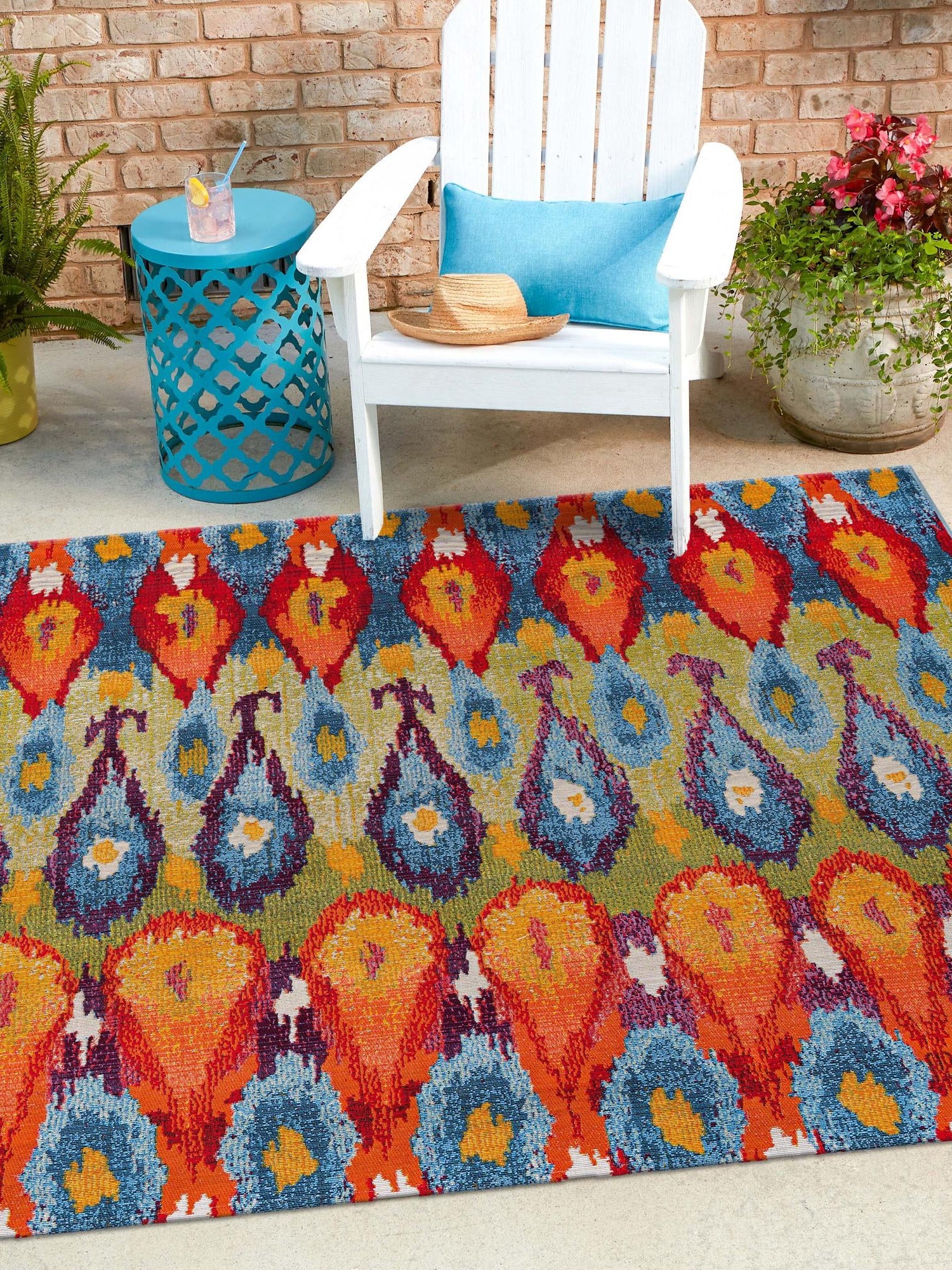 Multicolor 7' 10 x 7' 10 Outdoor Modern Square Area Rug Weather Resistant for Patio, Deck, Terrace, Balcony, Porch 100% Polypropylene Modern Outside Carpet for Sale at Rug Engine