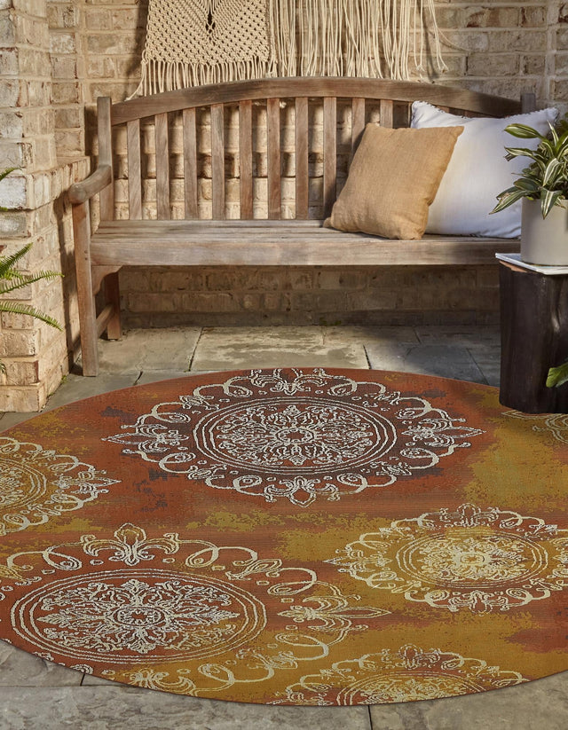 Rust Red 8' x 8' Outdoor Modern Round Area Rug Weather Resistant for Patio, Deck, Terrace, Balcony, Porch 100% Polypropylene Modern Outside Carpet for Sale at Rug Engine