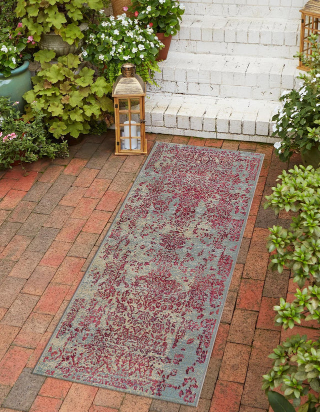 Light Blue 2' 7 x 5' 3 Outdoor Botanical Runner Area Rug Weather Resistant for Patio, Deck, Terrace, Balcony, Porch Polypropylene Garden Floral Tropical Carpet for Sale at Rug Engine