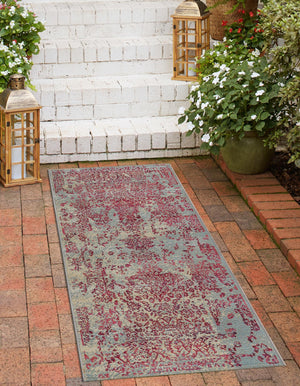 Light Blue 2' 7 x 5' 3 Outdoor Botanical Runner Area Rug Weather Resistant for Patio, Deck, Terrace, Balcony, Porch Polypropylene Garden Floral Tropical Carpet for Sale at Rug Engine